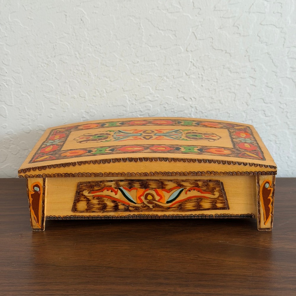 Vintage‎ Balkan Bulgarian Wooden Handpainted Box Jewelry Trinket Red Brown